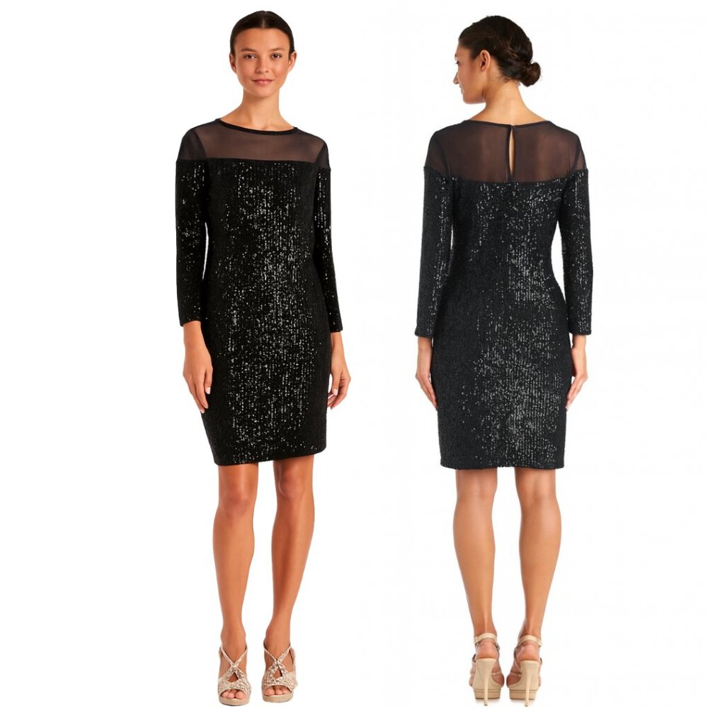 R&M Richards Women’s 12 Black Sequin Sheath Cocktail Dress Illusion Necklin 3/4